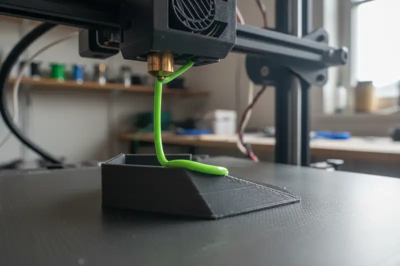 Nahaufnahme eines laufenden 3D-Druckers mit geschmolzenem Filament an der Düse