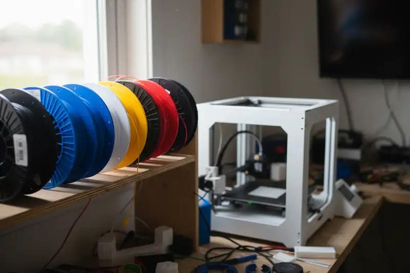 Verschiedene bunte PLA-Filament-Rollen auf einem Regal neben einem 3D-Drucker