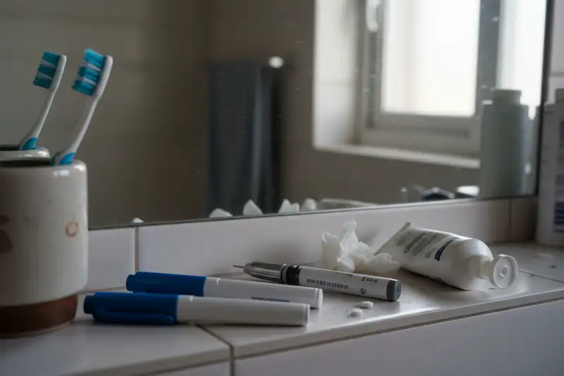 Verschiedene Fertigpens von Abnehmspritzen auf einem Küchentisch neben einem Glas Wasser