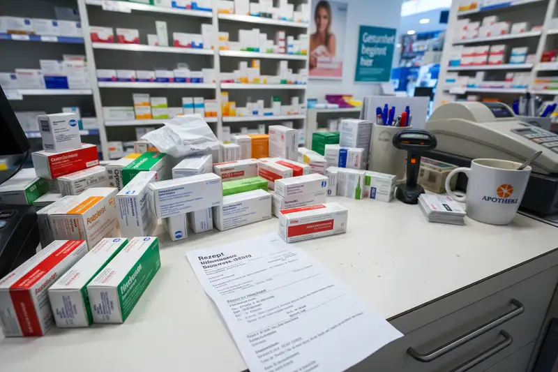 Nahaufnahme einer Apothekentheke mit Ozempic-Verpackung neben einem Kassenrezept