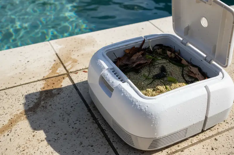 Akku-Poolroboter am Beckenrand eines privaten Pools mit sichtbarem Filterkorb
