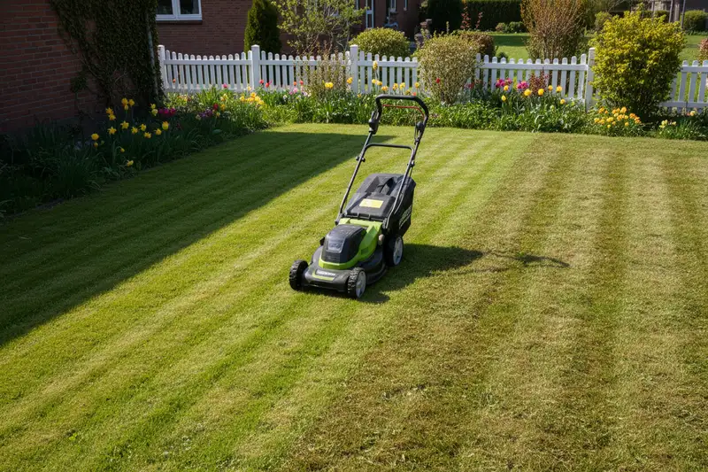 Akku-Rasenmäher auf einer halb gemähten Rasenfläche im Garten
