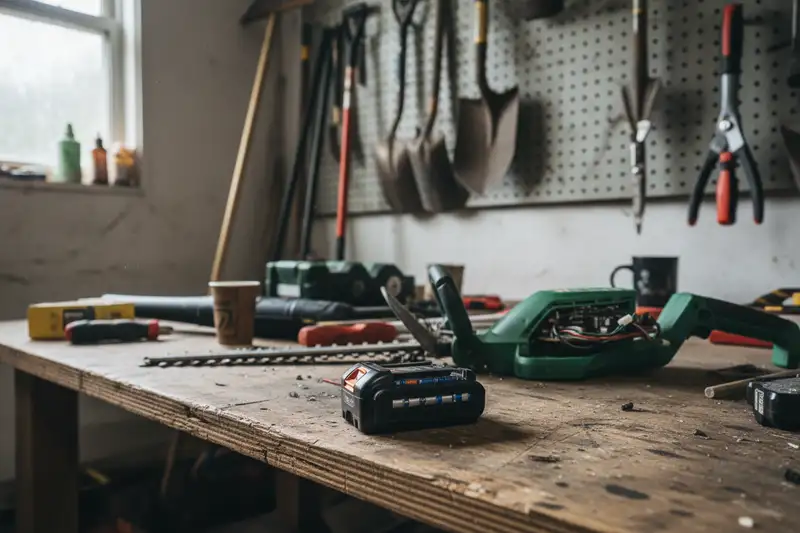 Nahaufnahme eines herausgenommenen Lithium-Ionen-Akkus neben einem Akku-Rasenmäher auf einer Werkbank