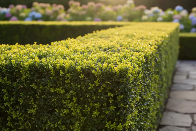 Formschnitt einer Buchsbaumhecke mit einer Akku-Teleskop-Heckenschere