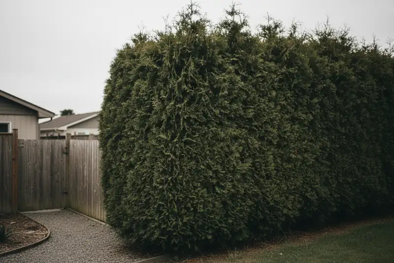 Hohe grüne Thujahecke in einem Vorstadtgarten
