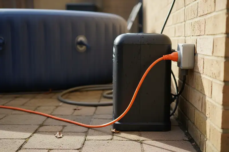 Aufgerolltes Stromkabel neben der Pumpeneinheit eines aufblasbaren Whirlpools auf einer Terrasse