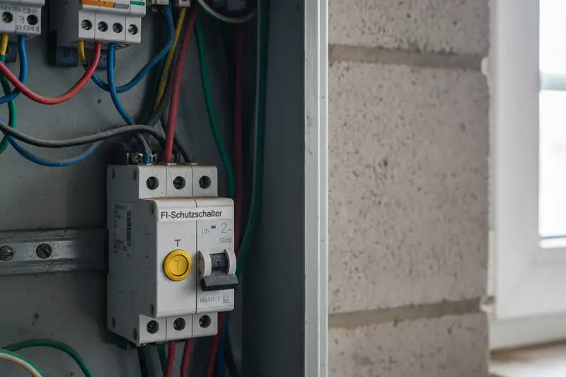 Nahaufnahme eines FI-Schutzschalters in einem Sicherungskasten