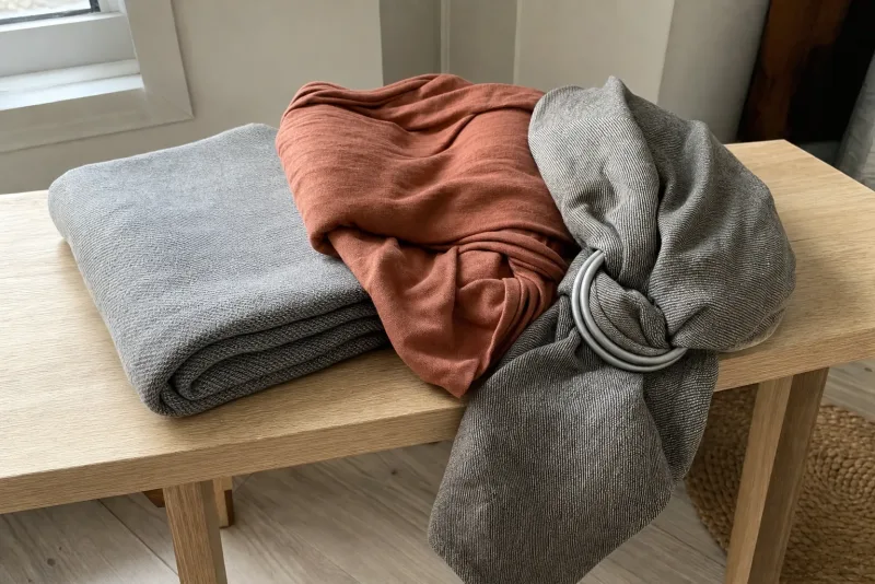 Drei Tragesysteme nebeneinander auf einer Holzbank: gewebtes Tragetuch, elastisches Jersey-Tuch und ein Ring-Sling mit zwei Metallringen