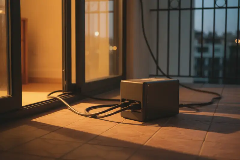 Kompakter Nachrüst-Speicher auf einem Balkon, verkabelt mit dem Steckersolargerät am Geländer