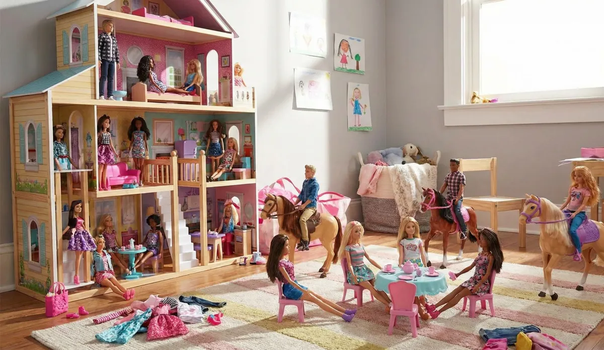 Großes Puppenhaus mit vielen Puppen, Pferden und einer Teeparty-Szene auf dem Teppich im Kinderzimmer.