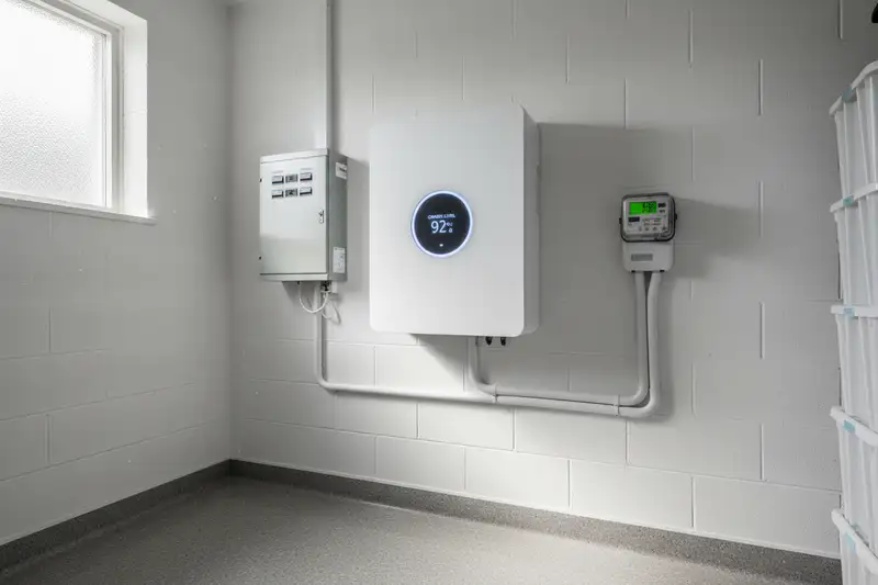 Weißer Heimspeicher an der Wand eines Hauswirtschaftsraums neben dem Sicherungskasten