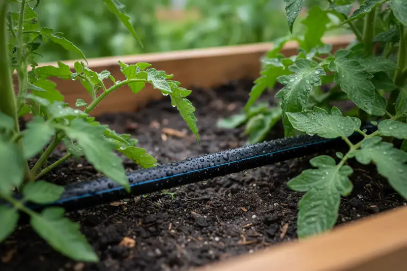 Tropfbewässerung an Tomatenpflanzen in einem Gemüsebeet