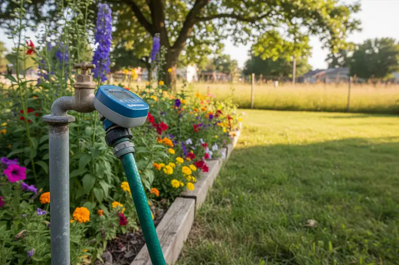 Bewässerungscomputer am Wasserhahn mit Gartenschlauch
