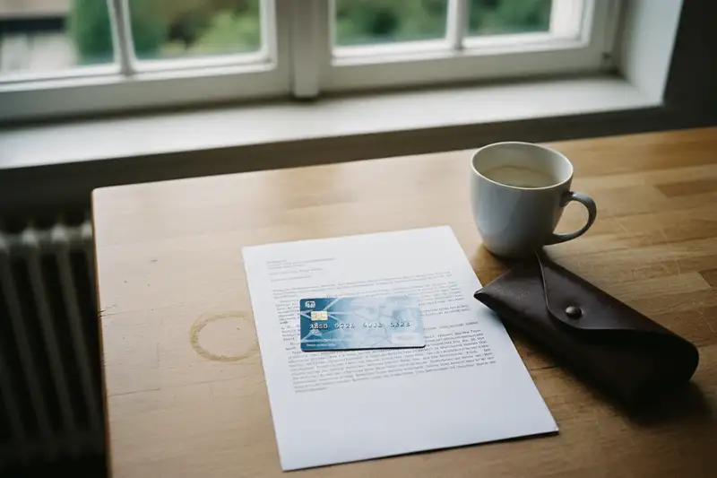 Versichertenkarte einer gesetzlichen Krankenkasse neben einem aufgeschlagenen Brief auf einem Holztisch