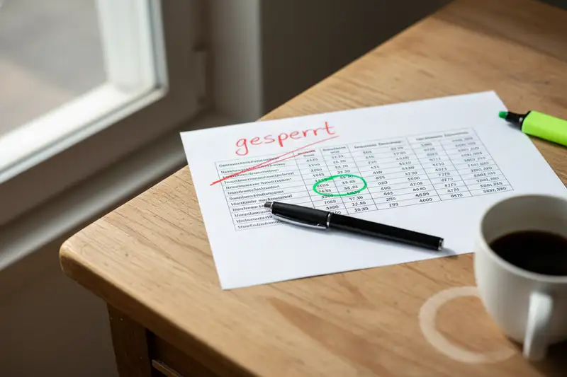 Ausgedruckte Krankenkassen-Vergleichstabelle auf einem Schreibtisch mit handschriftlichen Markierungen, eine Kasse rot durchgestrichen und mit 'gesperrt' beschriftet