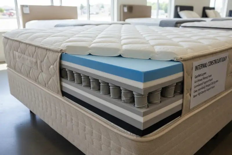 Querschnitt einer Matratze zeigt Schaumstoffschichten und Federkern in einem Möbel-Ausstellungsraum