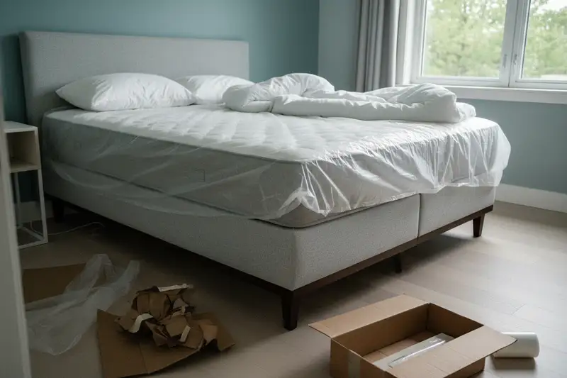 Neues Boxspringbett in einem Schlafzimmer, teilweise noch in Schutzfolie verpackt