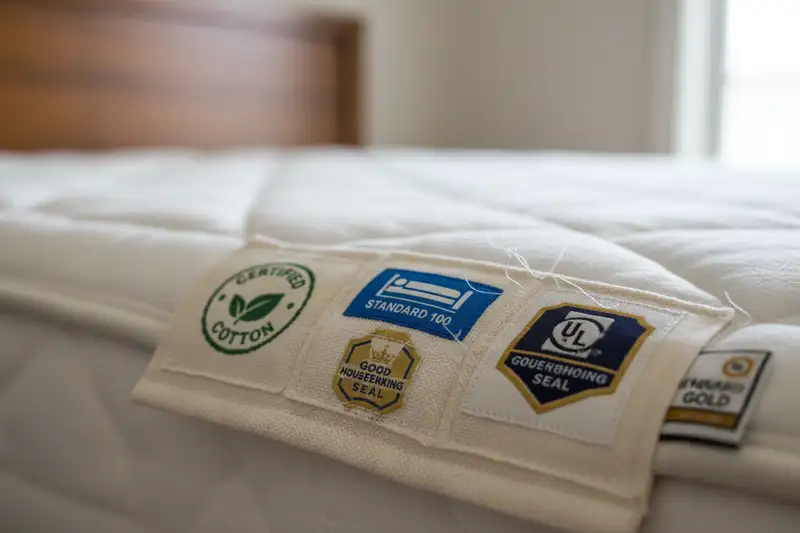 Nahaufnahme von Qualitätssiegeln und Zertifikaten auf einem Matratzenetikett