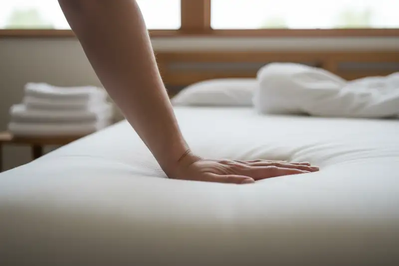 Hand drückt auf eine weiße Matratzenoberfläche um die Festigkeit zu testen