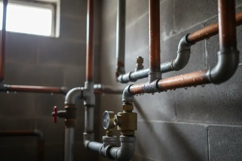 Wasserrohre und Anschlüsse an einer Brauchwasser-Wärmepumpe im Keller