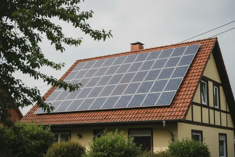 Solarpanels auf dem Dach eines deutschen Einfamilienhauses