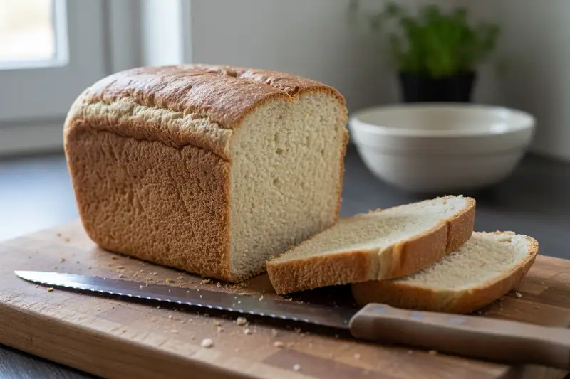 Frisch gebackenes Brot auf einem Küchenbrett neben einem geöffneten Brotbackautomaten