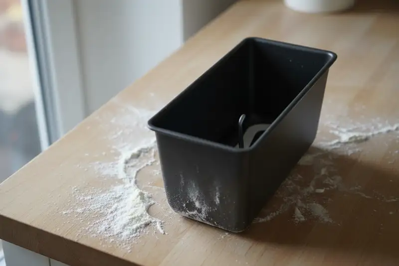 Backform eines Brotbackautomaten mit sichtbarem Knethaken auf einer Arbeitsplatte