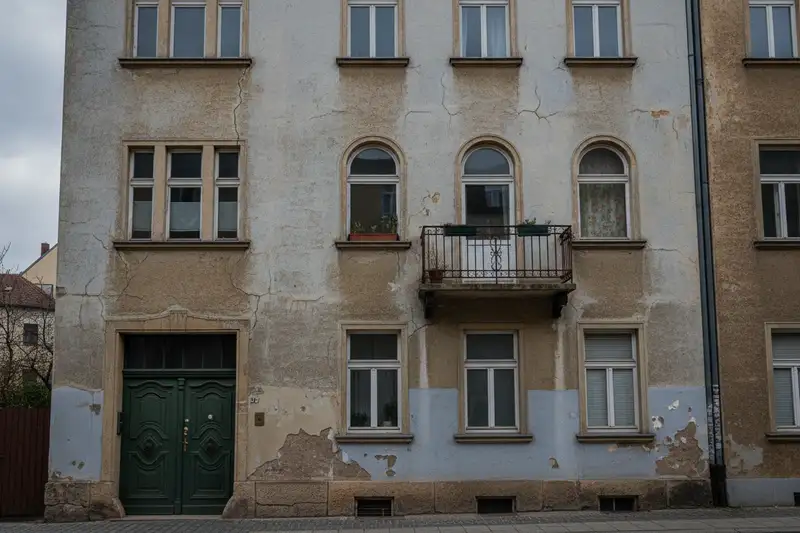 Fassade eines unsanierten älteren Mehrfamilienhauses in Deutschland