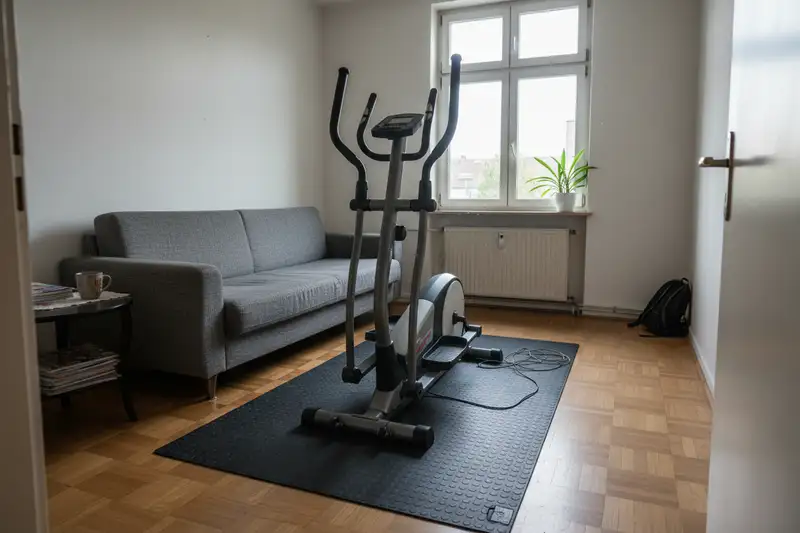 Crosstrainer mit Bodenschutzmatte in einer Mietwohnung - so sieht die Realität aus