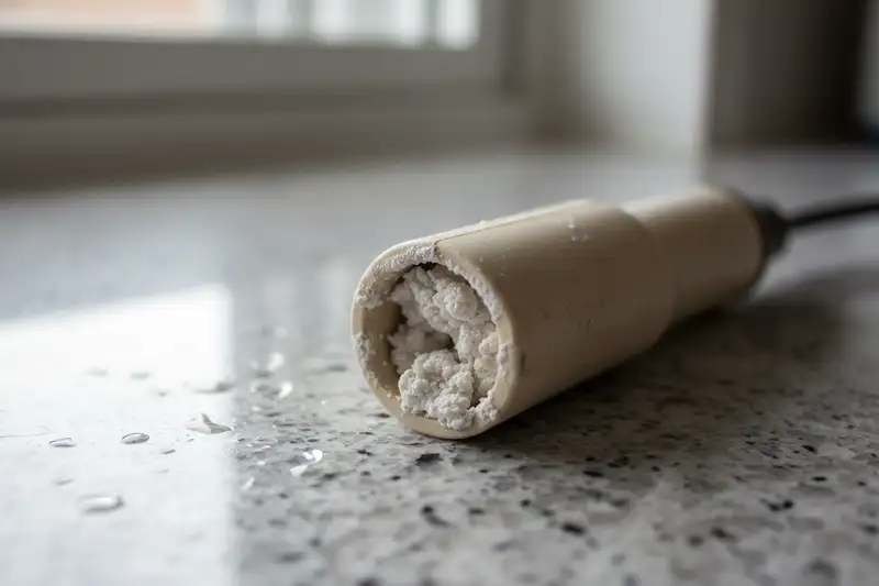 Nahaufnahme von Kalkablagerungen in der Düse eines Dampfreinigers