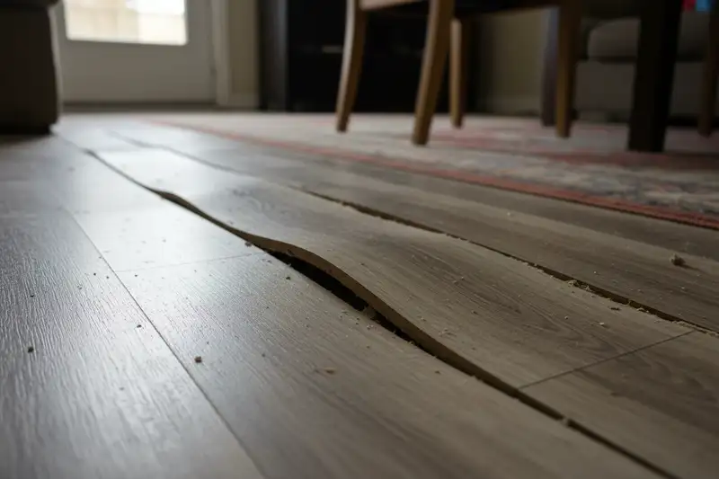 Beschädigtes Laminat mit aufgequollenen Kanten durch Dampfreiniger-Einsatz