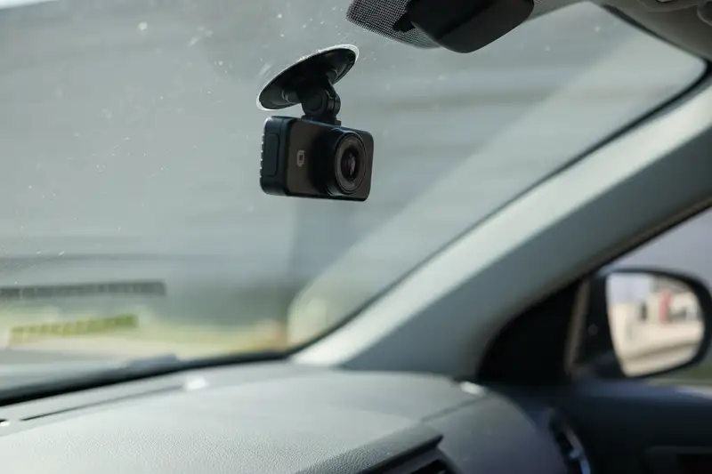 Nahaufnahme einer kleinen Dashcam mit Klebehalterung an einer Windschutzscheibe