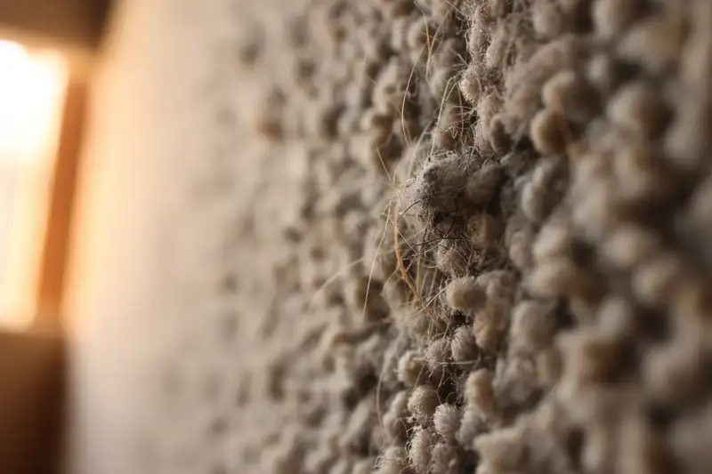 Nahaufnahme von Staubpartikeln und Tierhaaren zwischen Teppichfasern