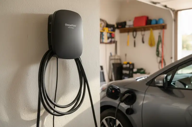 Wallbox an einer privaten Garage mit angestecktem Ladekabel und Kompakt-E-Auto