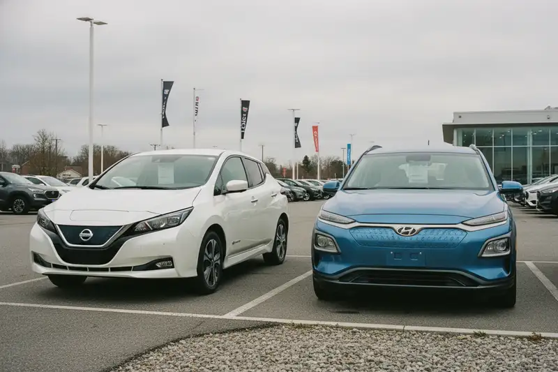 Zwei kompakte E-Autos verschiedener Marken nebeneinander auf einem Händler-Hof