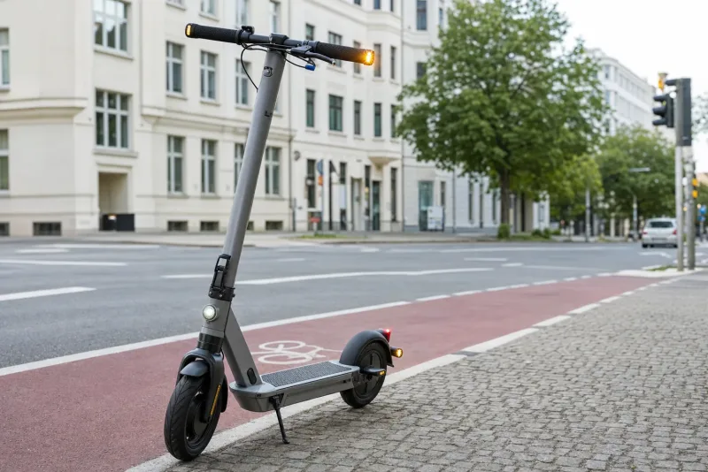 Grauer E-Scooter mit orangefarben leuchtendem Blinker am Lenkerende an einer Radweg-Kreuzung in einer deutschen Innenstadt