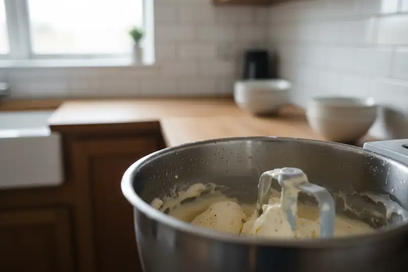 Kompressor-Eismaschine auf einer Küchenarbeitsplatte neben frischen Zutaten