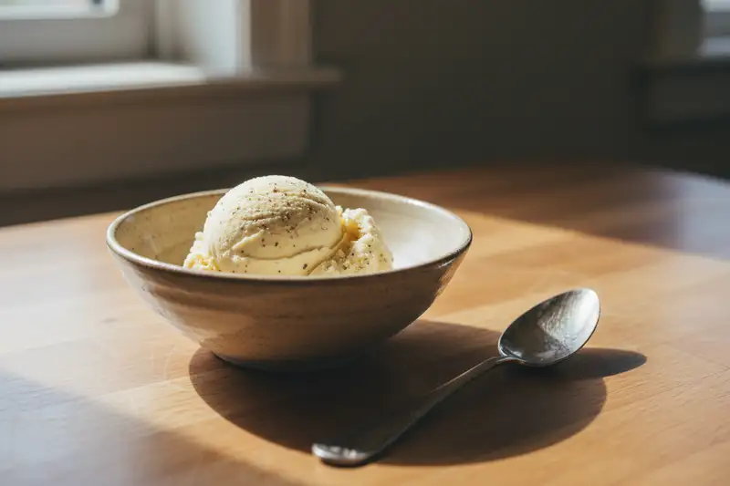 Selbstgemachtes Eis in einer Schale neben einer Eismaschine in einer Wohnküche