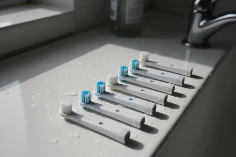 Verschiedene Aufsteckbürsten für elektrische Zahnbürsten nebeneinander aufgereiht