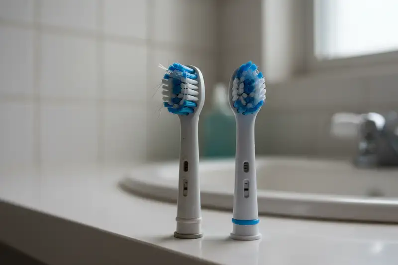 Nahaufnahme eines abgenutzten Bürstenkopfs neben einem neuen Bürstenkopf