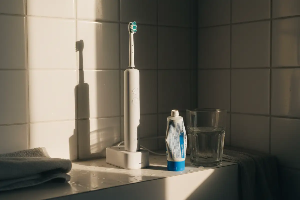 Elektrische Zahnbürste auf einem Badezimmerregal neben Zahnpasta und Zahnseide