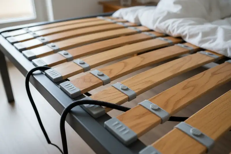 Detailaufnahme der Federholzleisten und des Motors eines elektrischen Lattenrosts