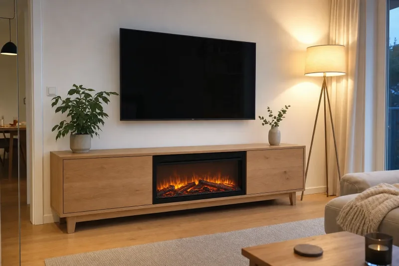 Elektrokamin-Einsatz mit Flammenbild in einem hellen, niedrigen TV-Möbel aus Eiche unter einem ausgeschalteten Fernseher