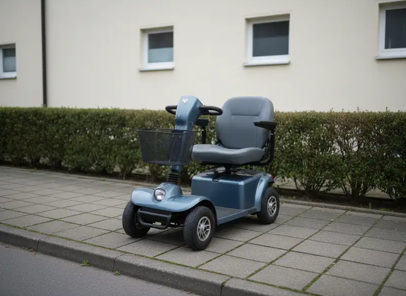 Elektromobil parkt vor einer typischen deutschen Apotheke mit dem ikonischen roten Apotheken-A-Symbol