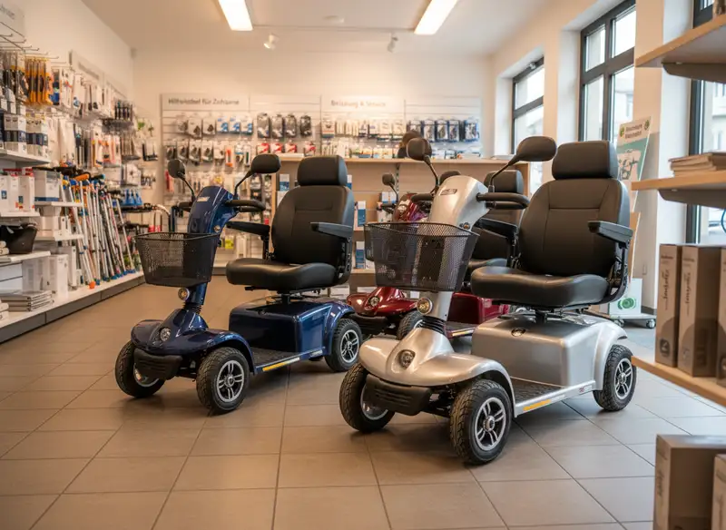 Sanitätshaus-Showroom mit mehreren Elektromobil-Modellen in verschiedenen Farben nebeneinander aufgestellt