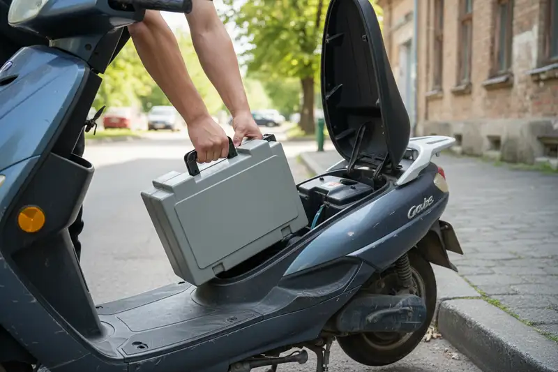 Schwerer Lithium-Akku wird aus dem Sitzfach eines Elektrorollers gezogen