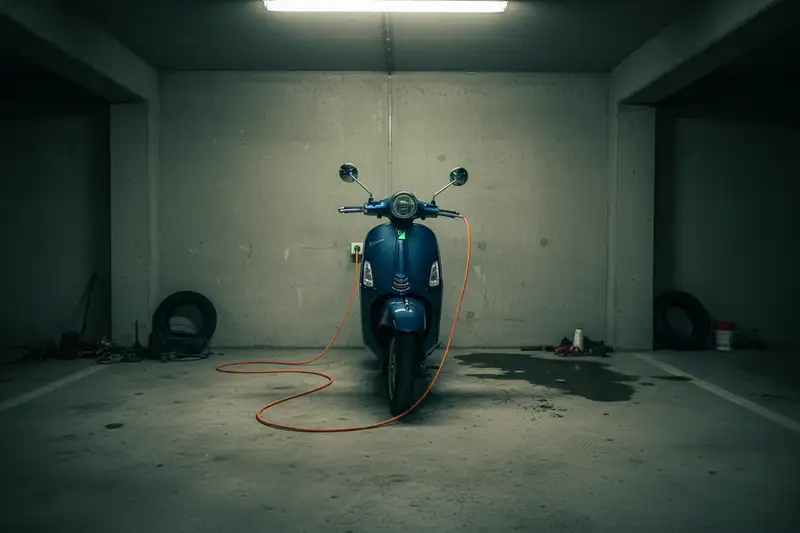 Elektroroller beim Laden mit Verlaengerungskabel in einer Tiefgarage