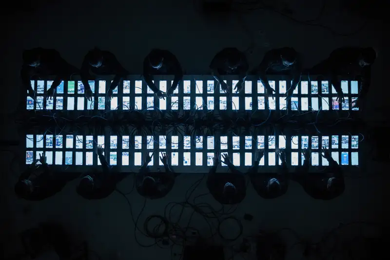 Click-Farm mit dutzenden Smartphones in Reihen auf einem Tisch — so werden Fake-Bewertungen industriell produziert