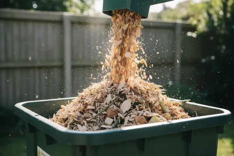 Frisch gehäckseltes Astmaterial fällt aus einem Gartenhäcksler in den Auffangkorb