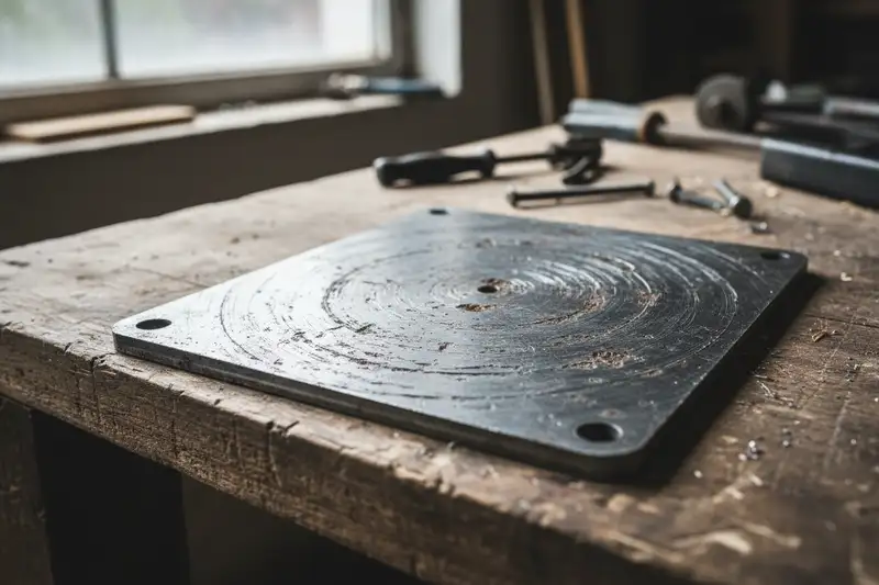 Nahaufnahme einer verschlissenen Häcksler-Gegenplatte mit tiefen Rillen